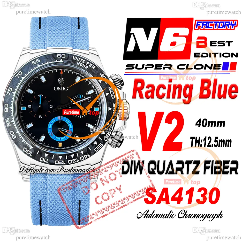 Diw Racing Mavi Kuvars Karbon SA4130 Otomatik Kronograf Erkek N6F V2 Siyah Dial Naylon Kayış Süper Edition Aynı Seri Kart Puretime Reloj Hombre Ptrx