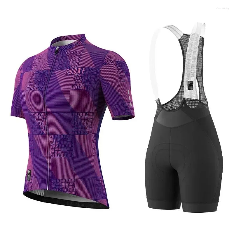 Гоночные наборы быстро сухой женской байк Джерси CS3103 Purple и Souke Cycling Bib Shorts BS1500 Black Full Set Set