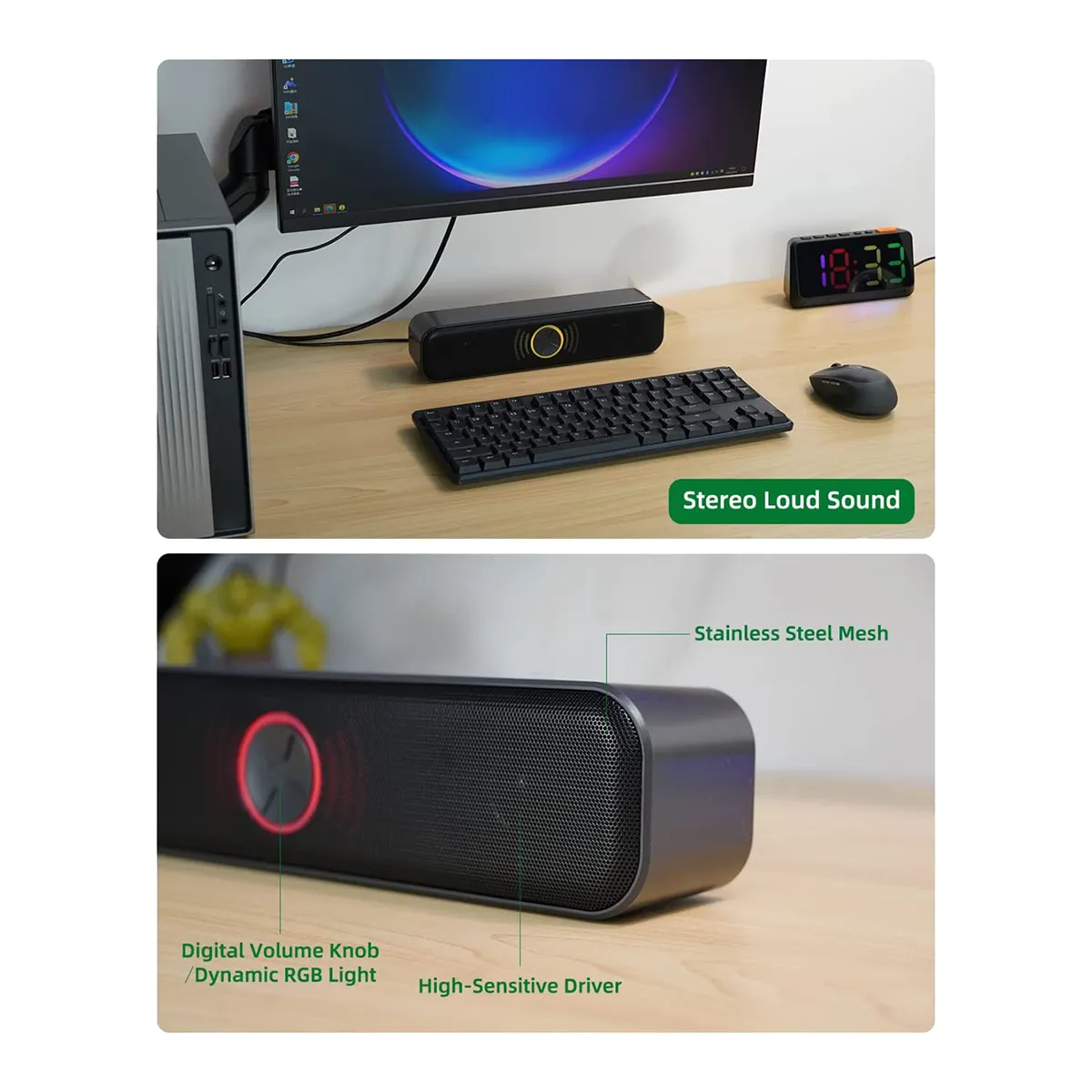 Computer Sound Bar With RGB Lights & Bluetooth 5.0 - Hi-Fi PC Speakers For Desktop, Laptop, Gaming