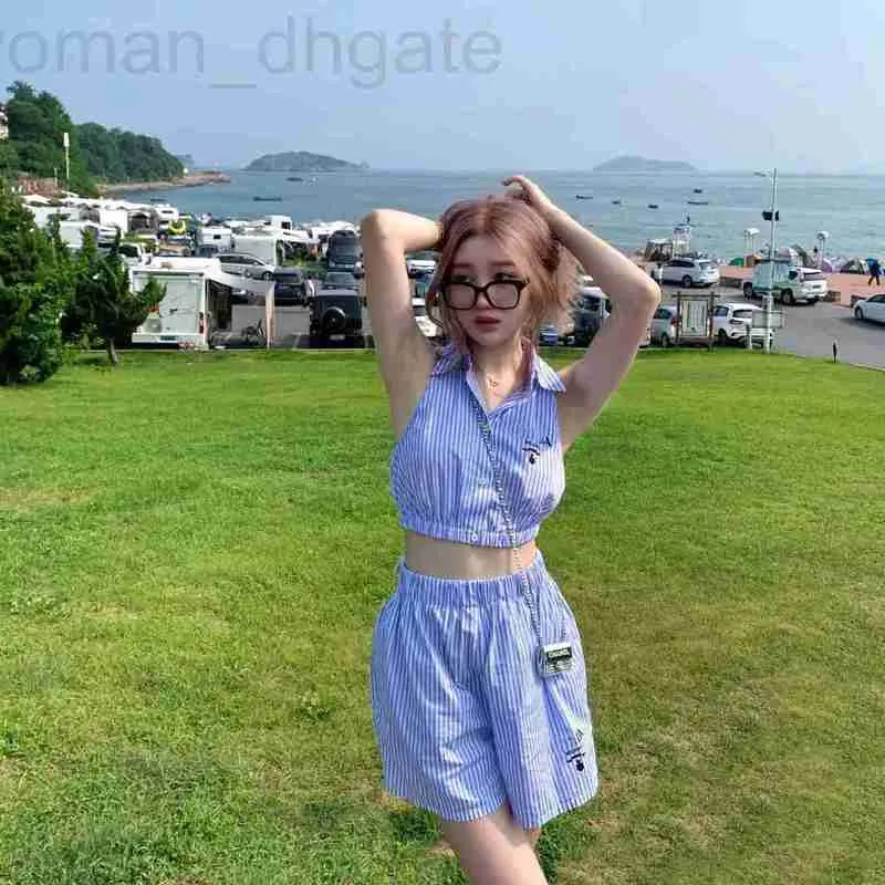 Women's Tracksuits designer P Inverted triangle Blue sleeveless striped short shirt set for women's summer new shorts two-piece Z3MO