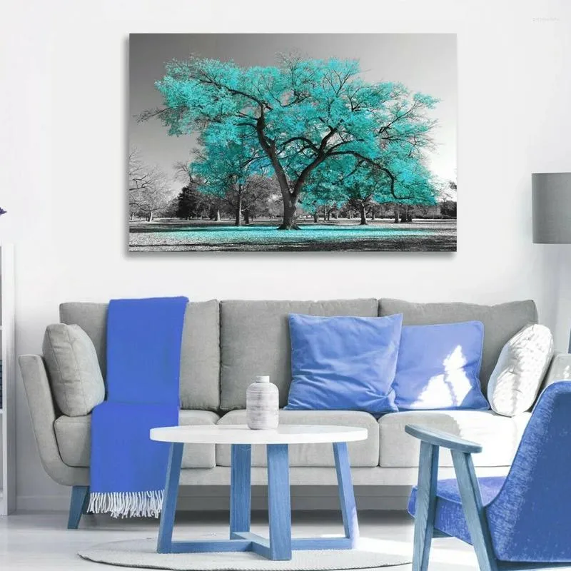 Tapestries 1pcs Unframed Print Painting Tree Teal Leaves Black White Canvas Wall Art Picture Decorative Living Room Decoration