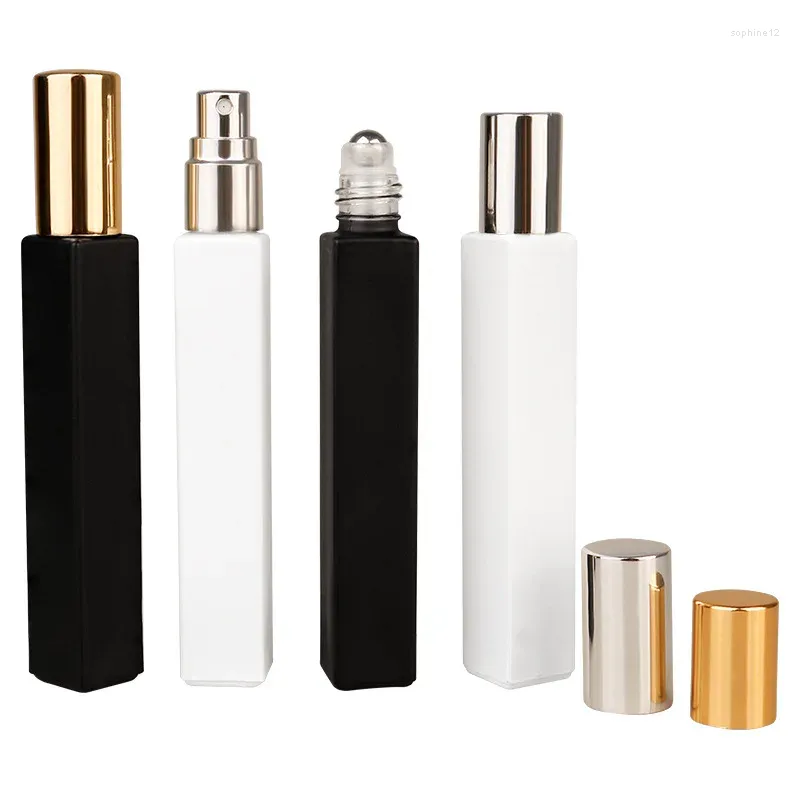 Depolama Şişeleri Altın Gümüş Sprey Atomizer Parfüm Şişeleri 25pcs 10ml Boş Siyah Beyaz Kare Cam Çelik Boncuk Silindiri Yeniden Doldurulabilir Rulo