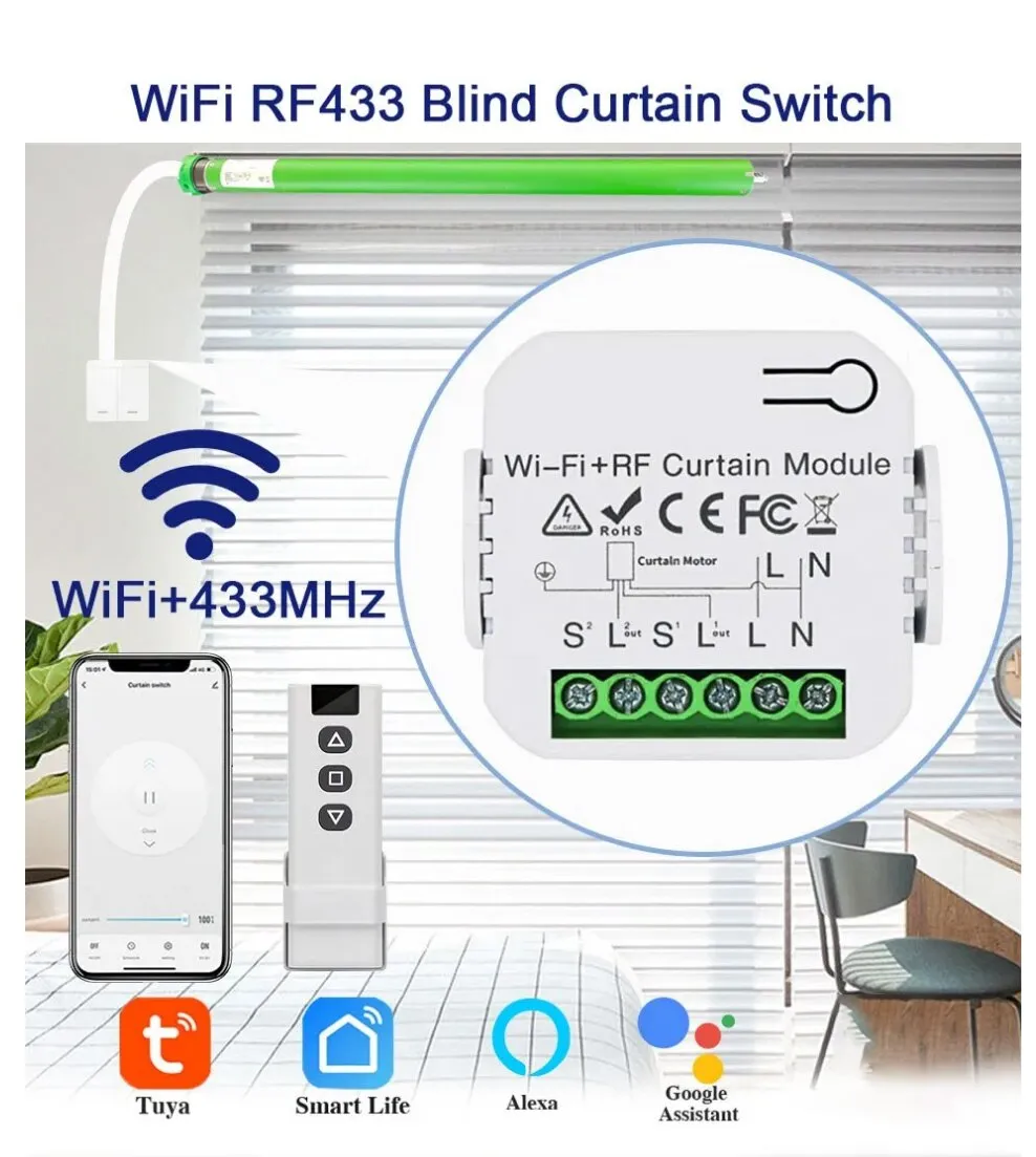 Tuya Sart WiFi 2 Gang Double Curtain Blind Switch odule for Roller Shutter Electric otor Sart Life APP with Google Hoe Alexa Voice Control - Sart WiFi odule, Light Switch odule