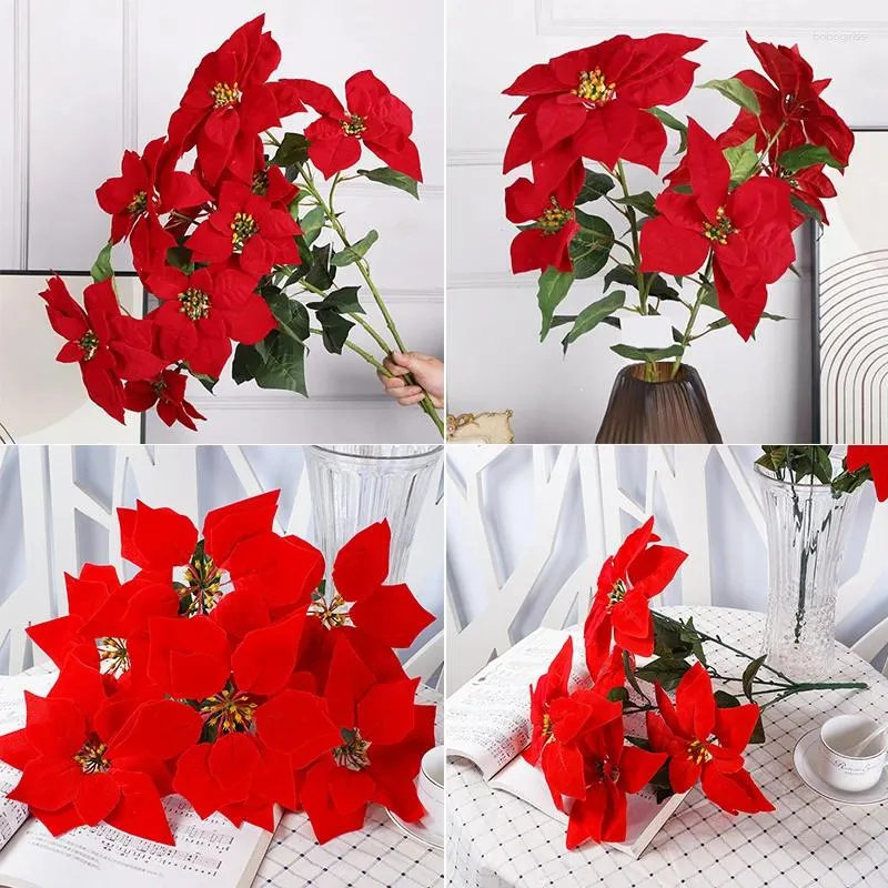 Fleurs décoratives de haute qualité grande touche réelle faux feutre poinsettia bouquet de Noël fleur artificielle fleur du bureau à la maison décoration de fête