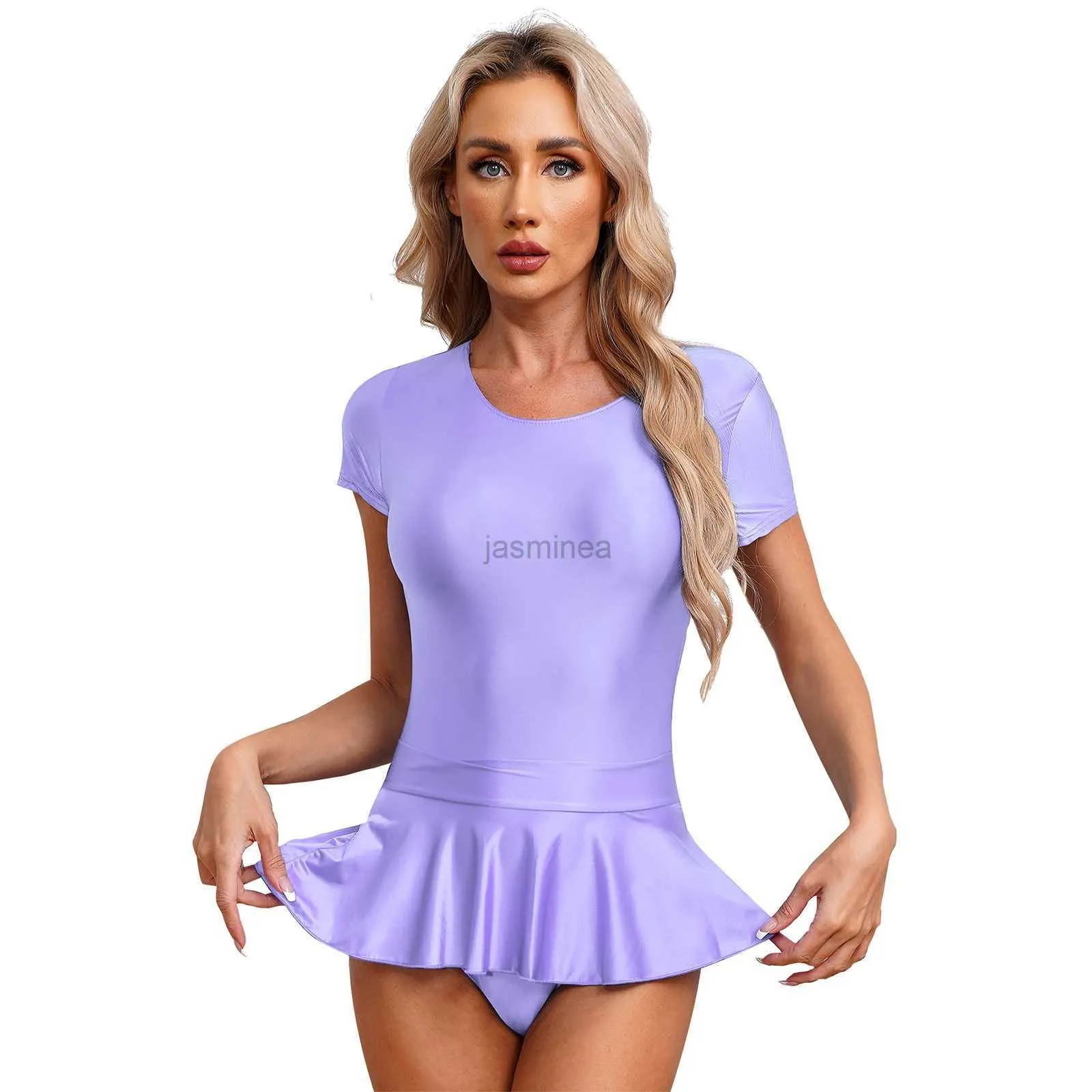 Vestidos sexy urbanos Mujeres trajes de baño brillantes de manga corta leotard de corte alto con minifalda de baja altura Fiesta de la piscina Pole Dance Dancing Clubwear 2443