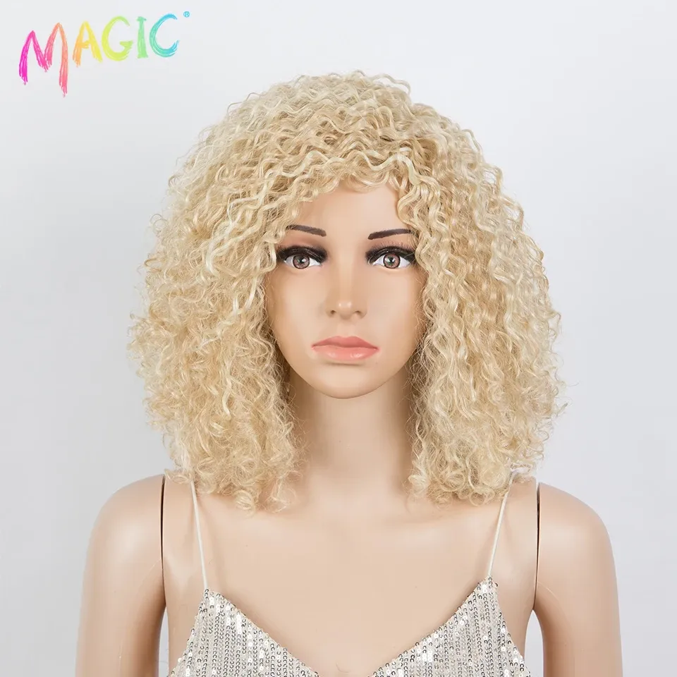 Perücken Magie 14 Zoll Afro gekinky lockiges Haar Perücken natürliche Bob hohe Dichte Haarsynthetik Ombre Blonde Hitzebeständige Perücken für Frauen