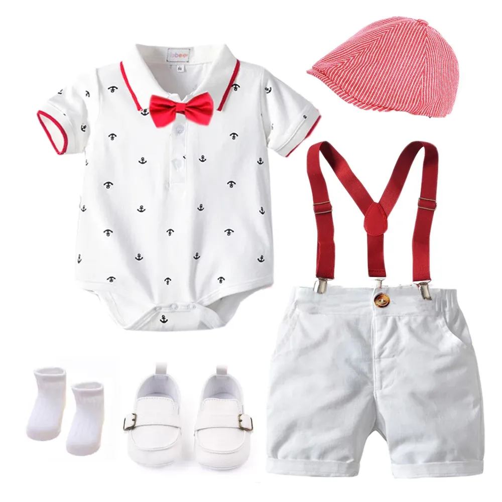 Care Cotton Boys Summer Newborn Clothes Set Birthday Dress White Infant Outfit Hat + Rompers + Bib Shorts + Shoes + Socks 6 Pcs 018m