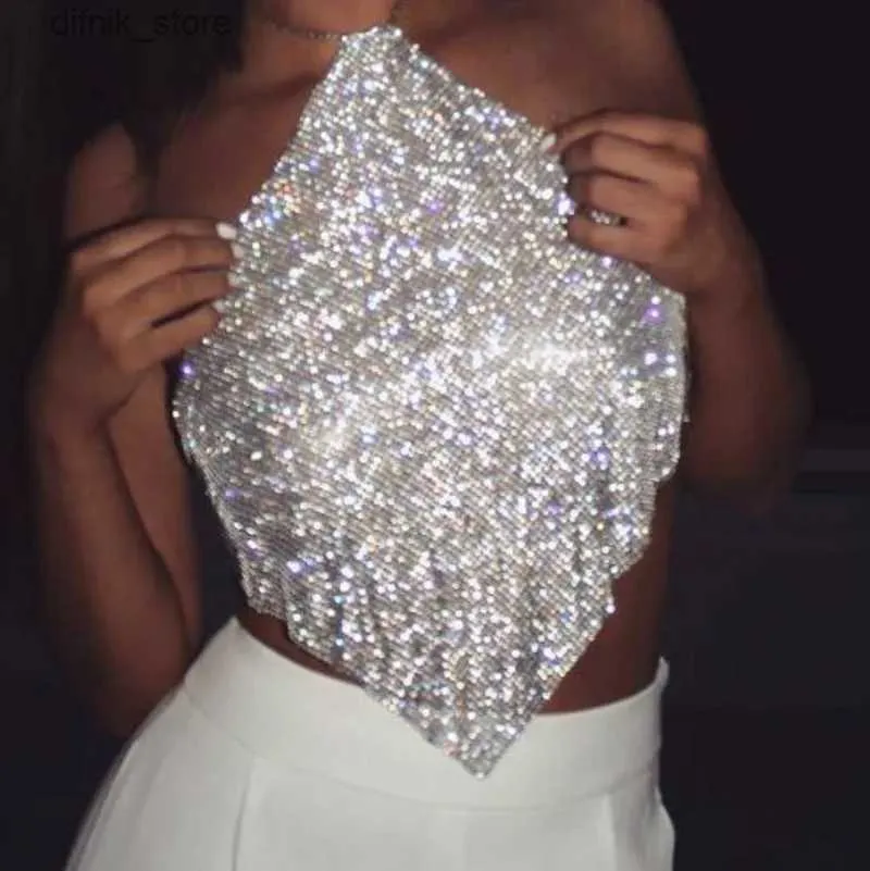 Zbiorniki damskie Camis lśniące Diamond Womens Top Top Crystal Water Diamond wieszak opuszcza się do pleców Seksowne klub nocny Y2K Festiva Camis Y240403