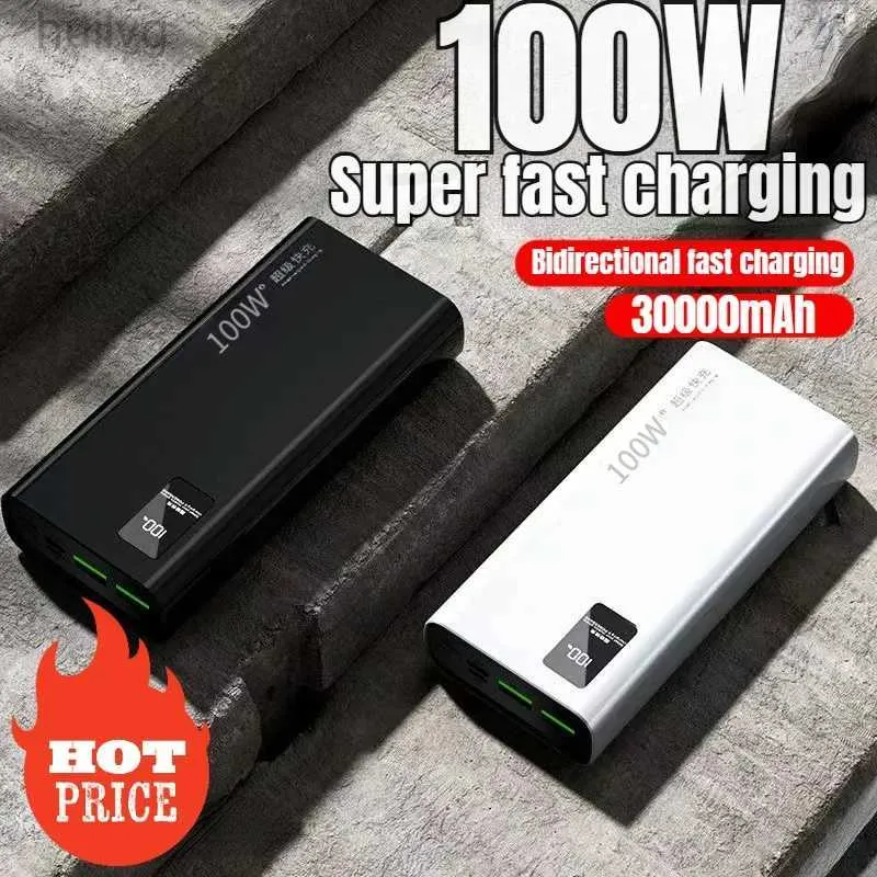 Bancos de energia do telefone celular New Power Bank 30000mAh 100W Porto dupla Super Fast Charging Portable External Battery Charger para iPhone Huawei Samsung 2443