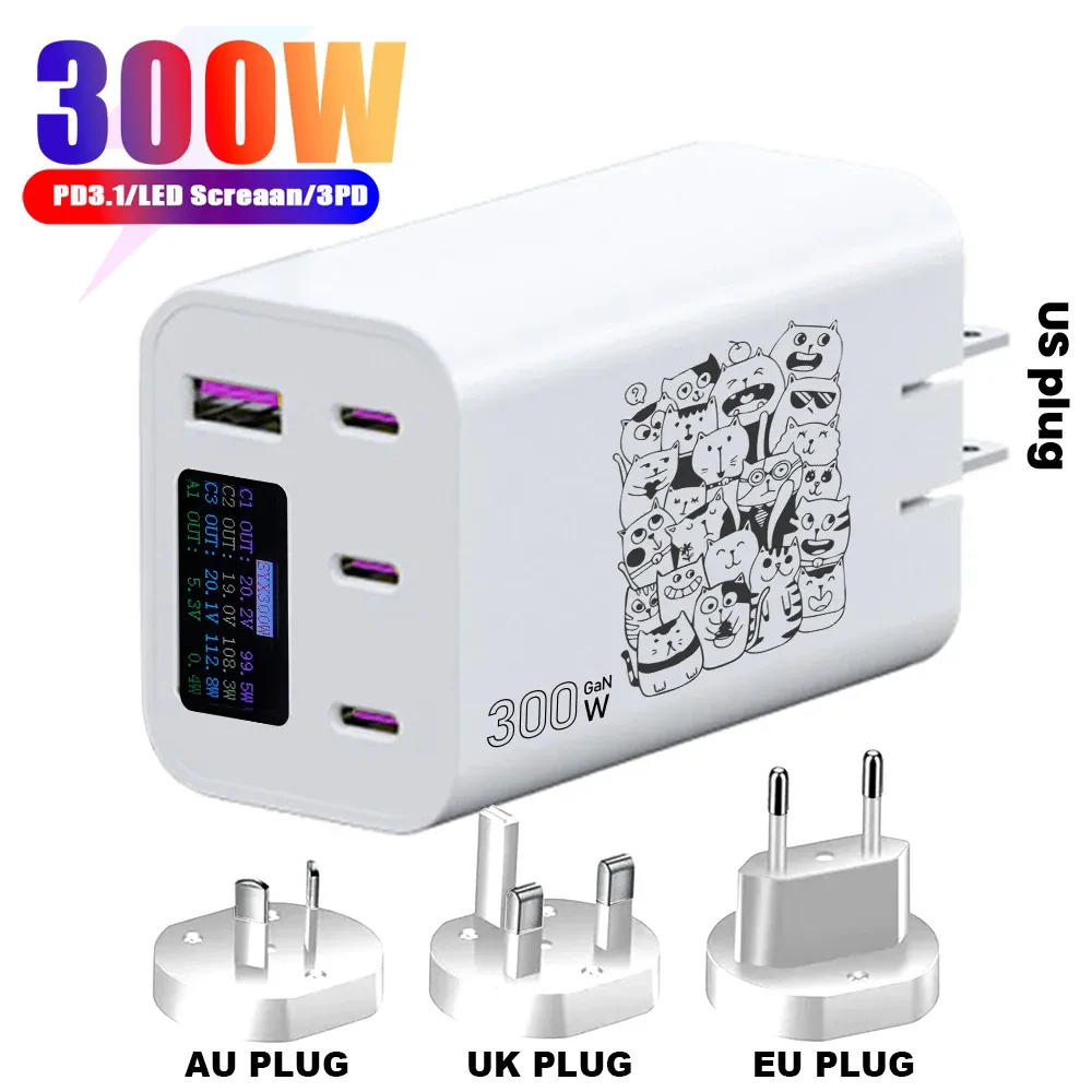 Chargers 3D EU US UK AU 300W GAN LAKER PD3.1 140W+140W AC100240V OLED SCHERM LAPTOP TELEFOON SNEL TELEPHEE