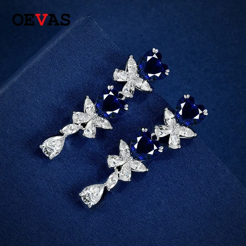 Boucles d'oreilles oevas 100% 925 argent sterling 8 * 8 mm coeur corundum synthétique sapphir baisses d'oreilles pour femmes bijoux diamants diamants à haute teneur en carbone