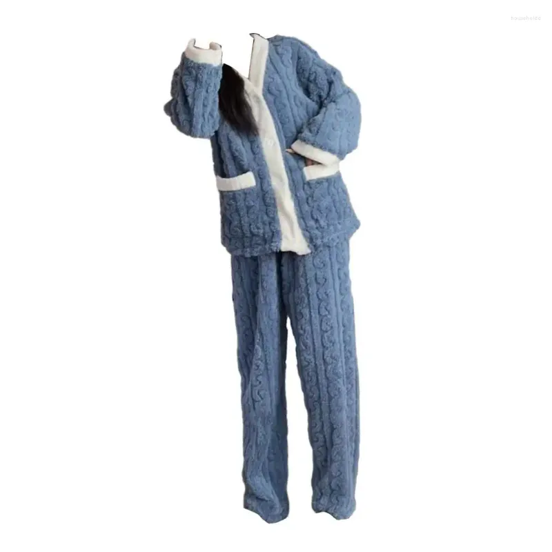 Женская одежда для сонной одежды коралловые флисовые гостиная набор уютная зима для женщин плюшевые термические пижамы с V-образными топами широкие брюки для ног милый