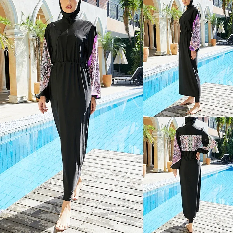 set Burkini Femme Muslim Swimwear Women 2022 Long Sleeve Swimsuit Islamic Swimming Suit Modest Robes Plain Swimwear with Hijab Wear