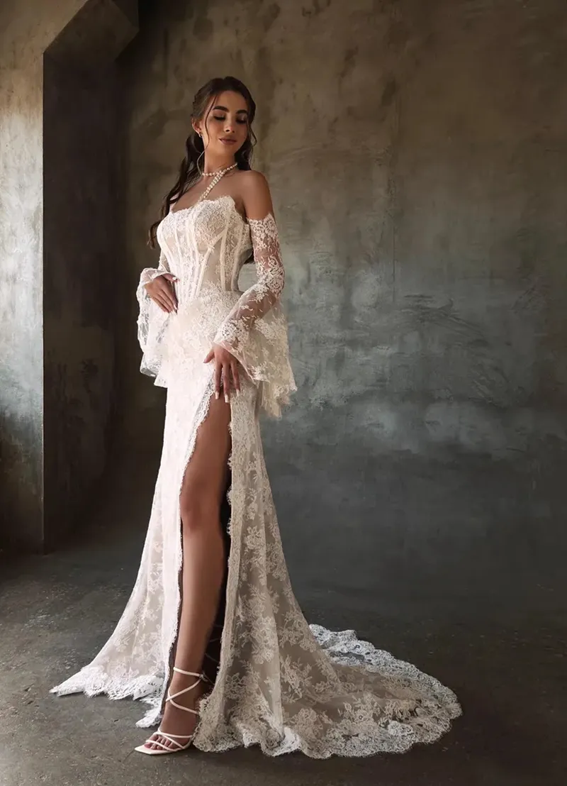 Elegant Lace Bardot Mermaid Wedding Dress with Side Split Corset and Detachable Long Sleeves Elegant Lace Bardot Mermaid Wedding Dress with Side Split Corset and Detachable Long Sleeves