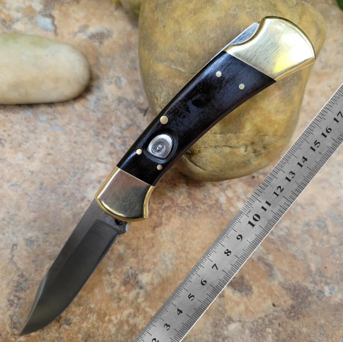 NEW 2022 High quality 110 112 pocket knife automatic blade brass black sandalwood handle folding knife tool leather sheath color b6837681