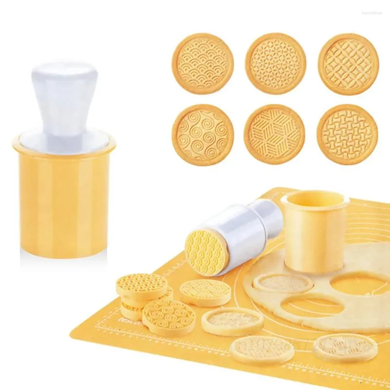 Moldes de cozimento 6pcs Silicone Cookie Stamps Set Geo Geometric Figura Cortador com alça Biscoito Embossing Mold Acessórios