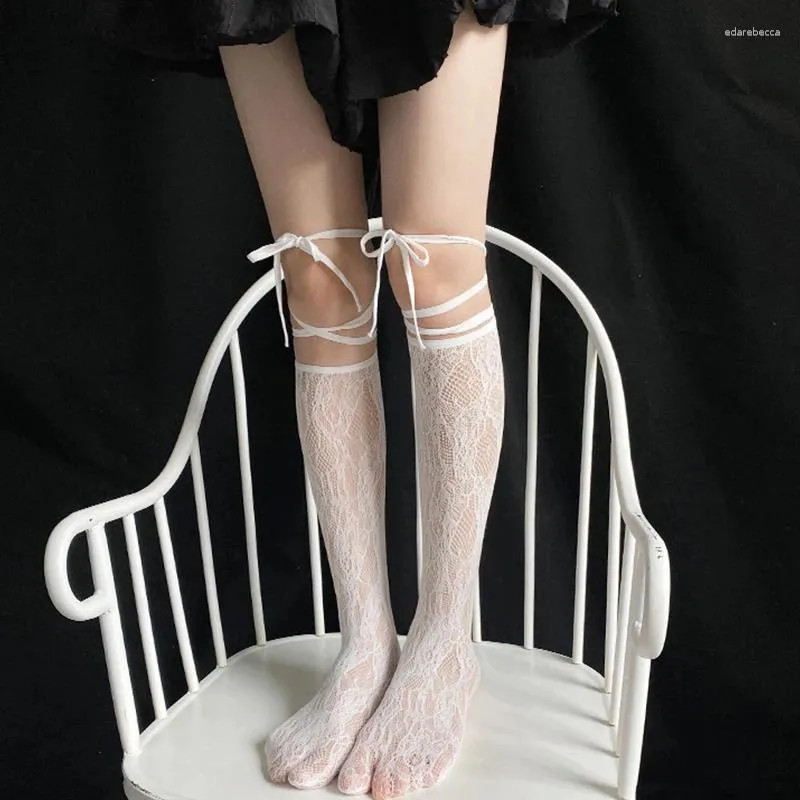 Women Socks Harajuku Lace Knee With Ties Girls Street Split Toe Strappy Fishnet Stockings Ins JK Japanese Lolita Long High