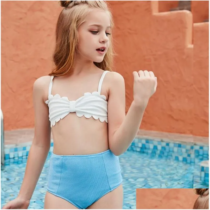 One-Pieces 2Pcs Bikini Swimwear Kid Girl Swimsuit Smocking Lace White Vest Solid Color Sling High Waist Blue Triangle Shorts Swimming Dhlch