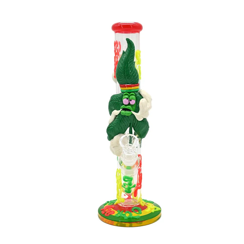 30cm/11.8in,Glass Bong With With Cartoon Leaves,Hand Painted Colored Polymer Clay Bong With 420 Pattern,Glow In Dark,Borosilicate Glass Water Pipes,Glass Hookah