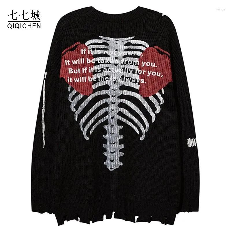 Herrenpullover Loch gestrickt Männer Skelettbriefmuster Pullover Mode Harajuku Casual Acersizesie Streetwear Punk Sweater