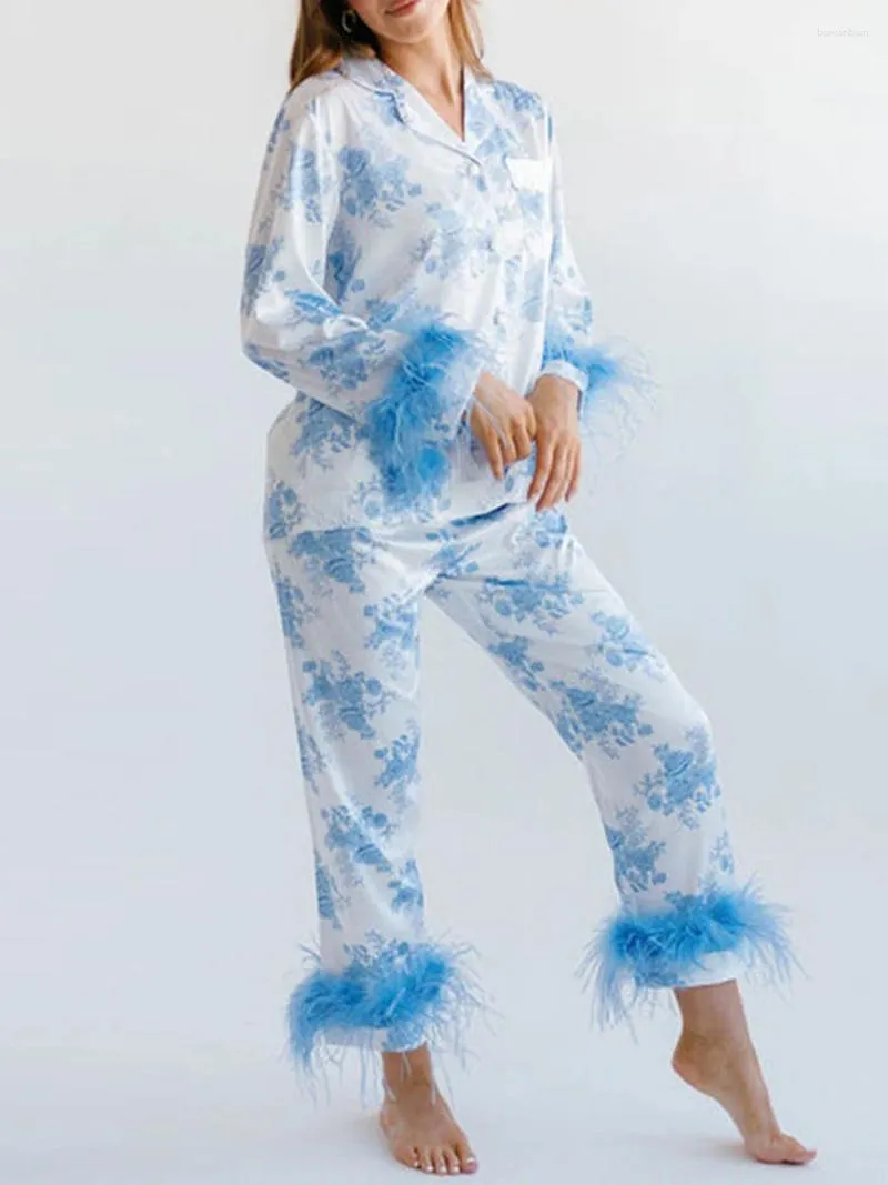 Home Clothing Women'S Long Pajama Set Floral Printed Furry Patchwork Sleeved Button Plush Top With Pants Pajamas Casual Wear