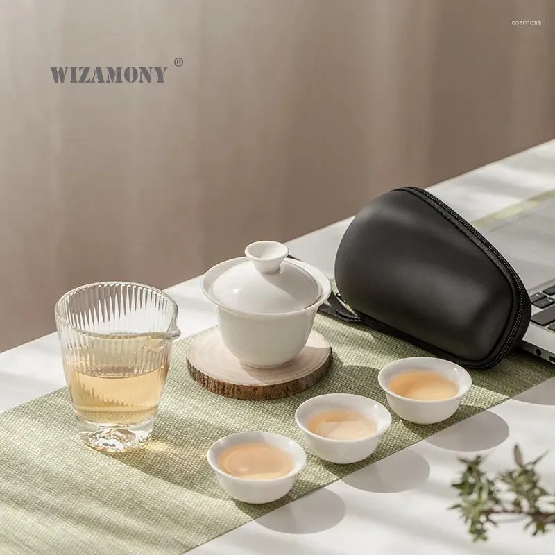 Koppar Saucers Wizamony Porcelain Chinese Gongfu Tea Set Portable Teapot Glass Maker and Infuser allt i en presentpåse
