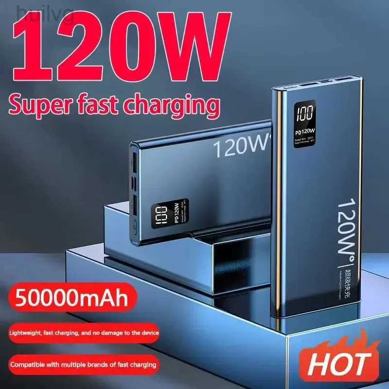 Mobiltelefon Power Banks New Power Bank 50000MAH 120W Dual Port Super Fast Charging Portable Extern Battery Charger för iPhone Huawei Samsung 2443