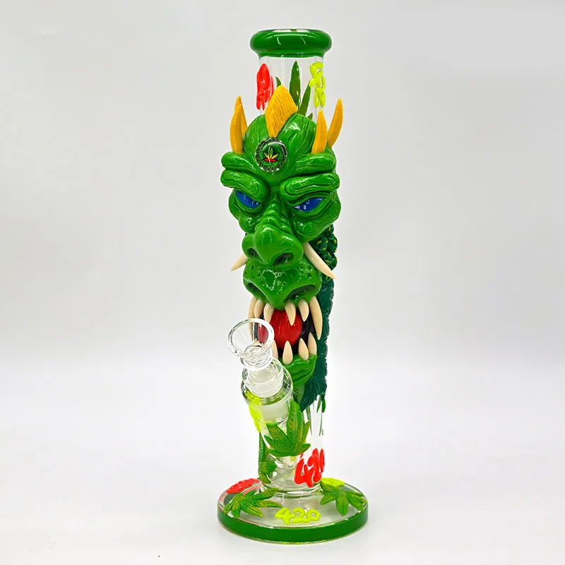 11.8in,Glass Bubbler With Fixed Diffuser Downstem Water Pipe Bongs,Hand Painted Colored Polymer Clay Bong With 420 Pattern,Glow In Dark,Borosilicate Glass Pipes