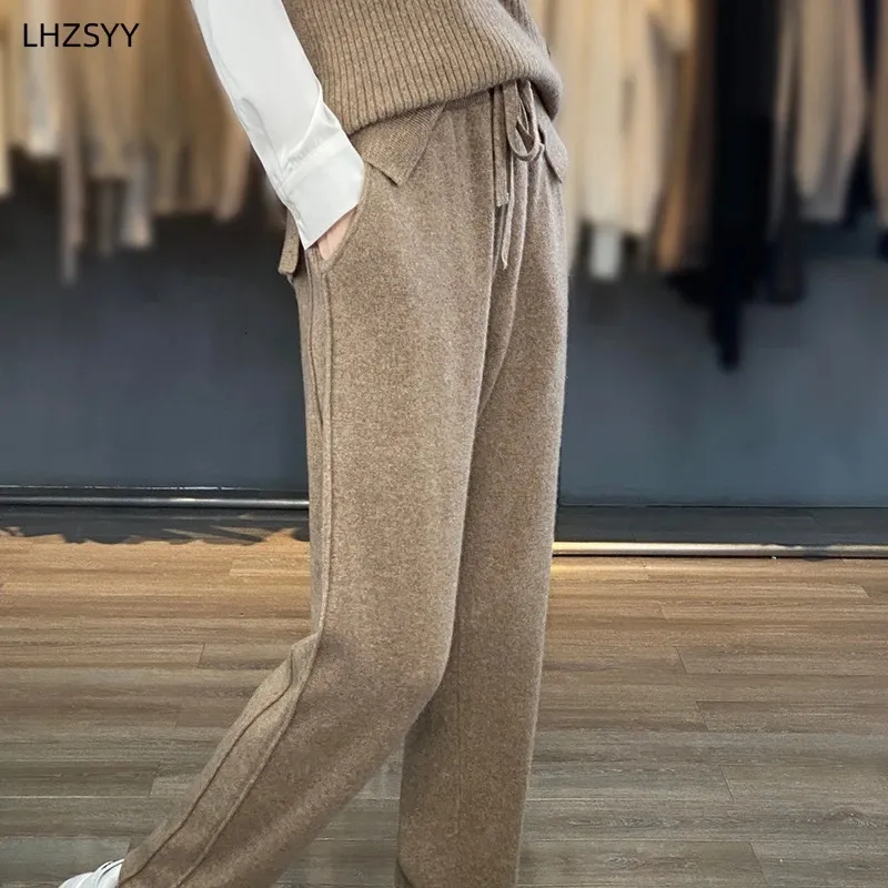 Lhzsyy herfst winter vrouwen kasjmier hoge taille broek casual losse strakke broek tekening touwer recht wol gebreide 240319