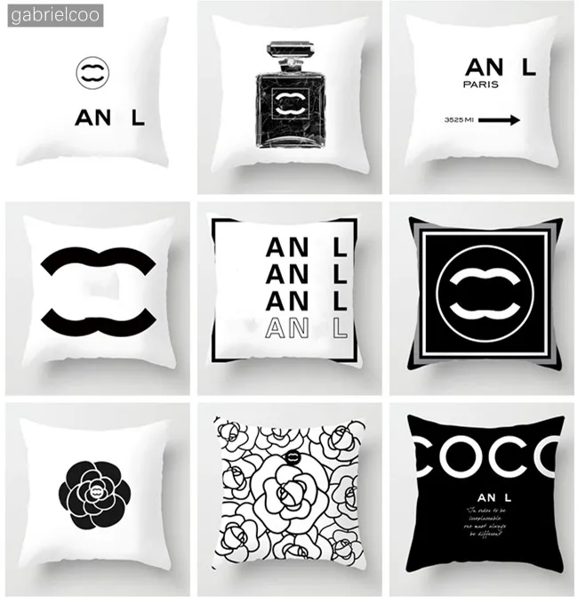 Designer black white pillowcase with classic letter logo print luxury fashionable square living room sofa square Pillow cover short plush cushion cover