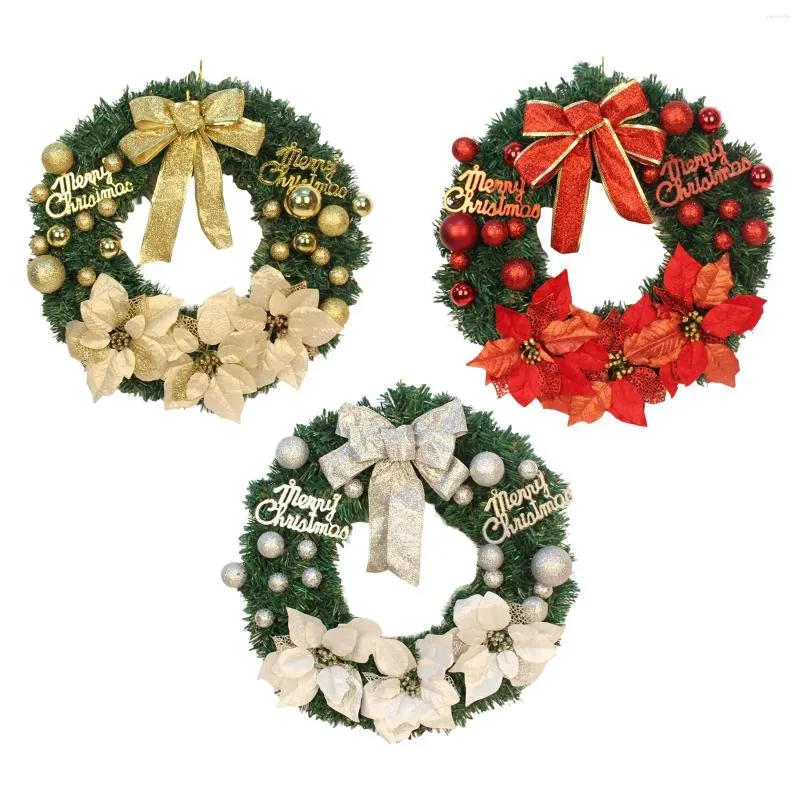 Fleurs décoratives Couronne de Noël artificielle avec balles Ornements à bowknot pour décoration suspendue intérieure extérieure