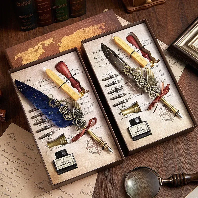 Pennen retro veer fontein pen geschenkbox inkt pennen voor het schrijven van heren luxe hoogwaardige elegant duurzame duurzame dippotloden voorraden kantoor