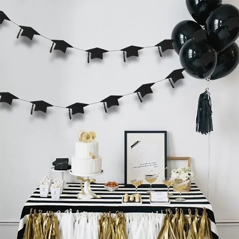 Tees Black Gold Graduation Bachelor Hat Banner Paper Cap Garlands for School Celebrations 2023 Graduation Party Decorations suspendues