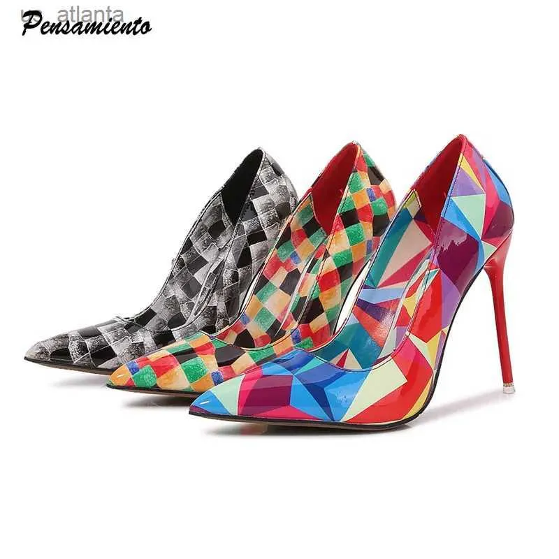Elbise ayakkabıları moda geometri ekose basılı patent deri kadın pompalar zarif sivri uçlu stiletto yüksek topuklular bahar sonbahar ofis bayan ayakkabı h240403