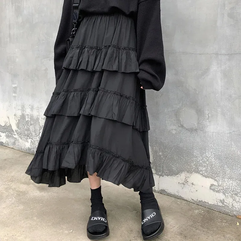 HOUZHOU Black Long Skirts Women Gothic High Low Ruched Ruffle High Waist Asymmetrical Midi Skirt Korean Fashion Fairy Grunge 240318