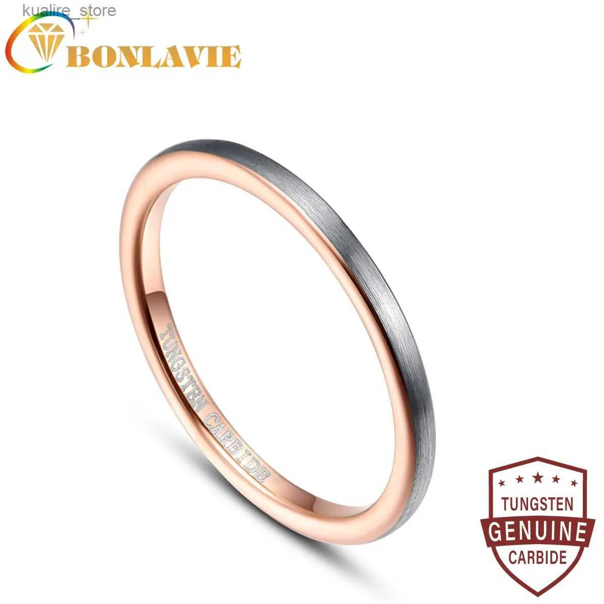 Anelli a grappolo Bonalvie 2 mm spazzola di superficie anello interno ad anello in acciaio in tungsteno in oro rosa Promise Anel Masculino Tungsten Anello in carburo L240402