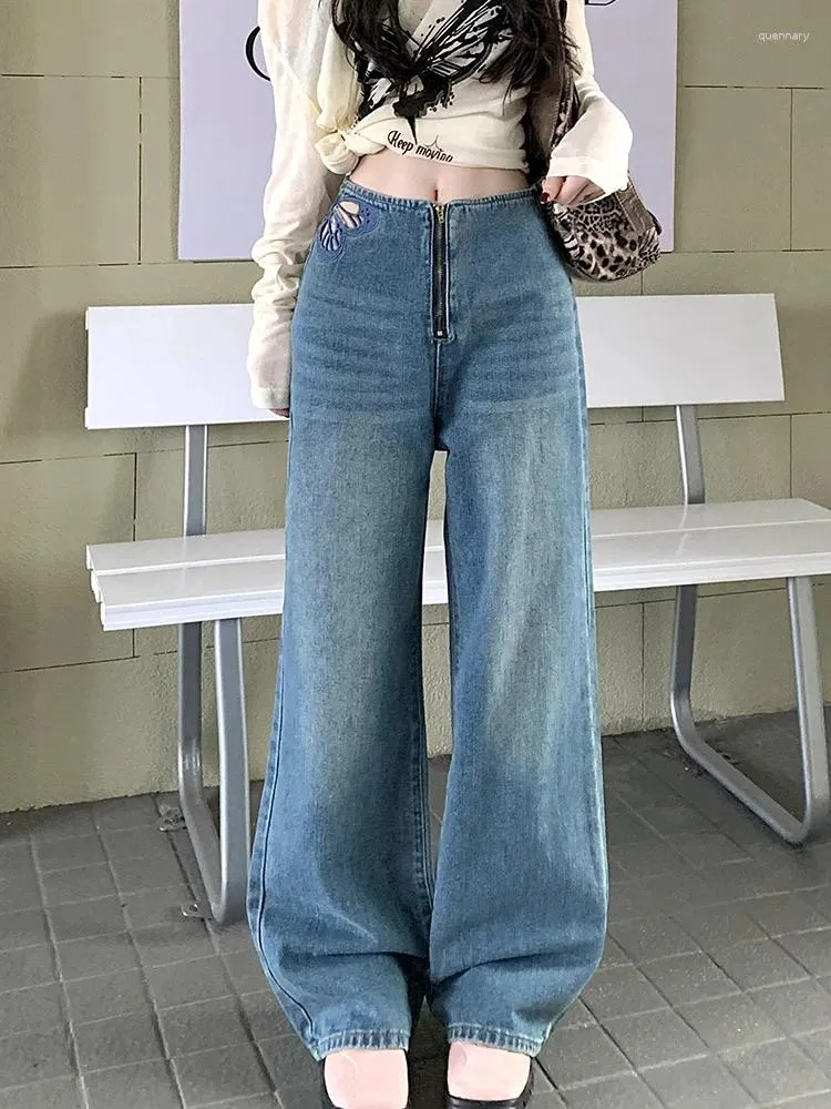 Dżinsowe dżinsy Slergiri Butterfly wycięte zamek błyskawiczny dla kobiet 2024 y2k streetwear luźne proste szerokie nogi długie spodnie