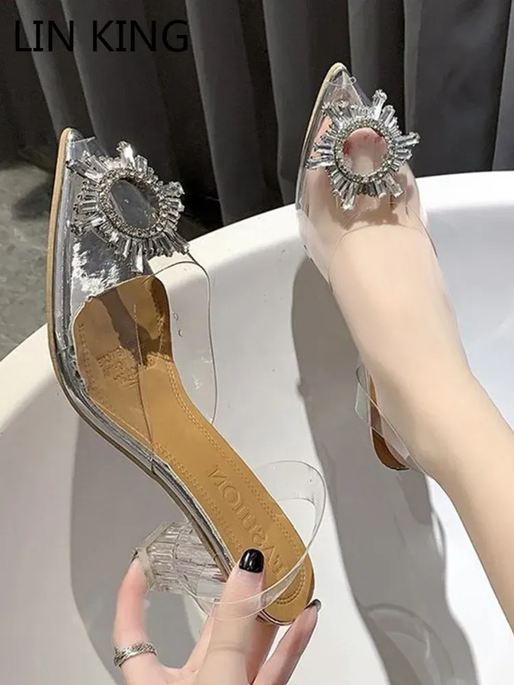 Sandali Lin King Designer Women Clear Sandals Luxury Crystal Teli trasparenti Slifori estivi Scarpe da donna a punta puntata