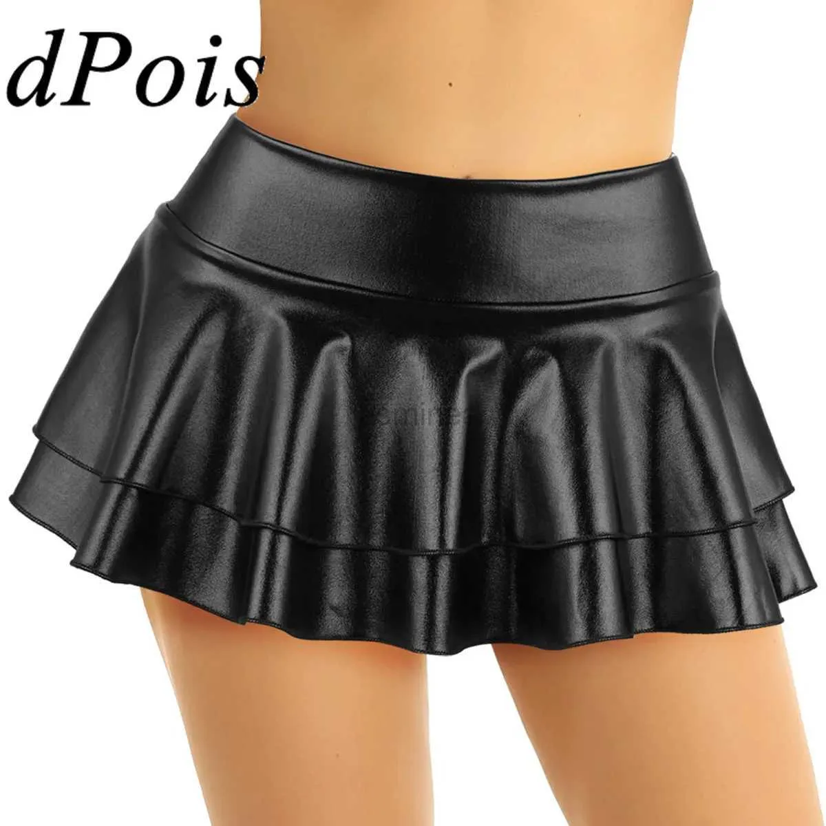 Urban Sexy Dresses Dpois Women Shiny Metallic Pleated Mini Kjol Vuxen Low Rise Elastic kjolar Ruffled Dance Costume Rave Carnival Festival kläder 2443