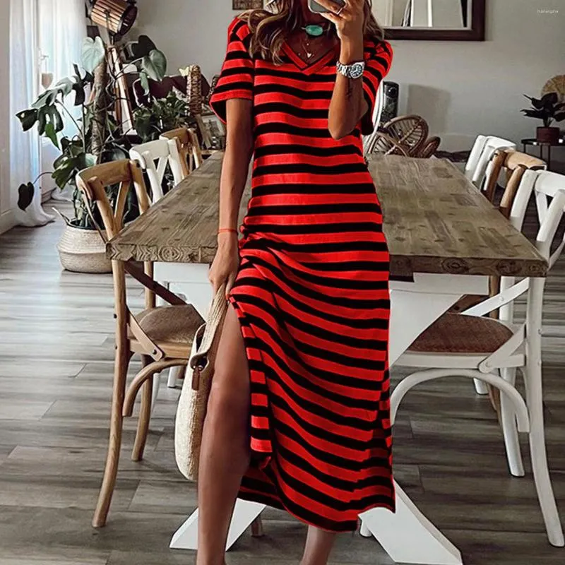 Vintage Striped Maxi Dress with Split Floral Embellishments - Oversized T-Shirt and Short Sleeves for Women's Casual and Beachwear Vintage Striped Maxi Dress with Split Floral Embellishments - Oversized T-Shirt and Short Sleeves for Women's Casual and Beachwear