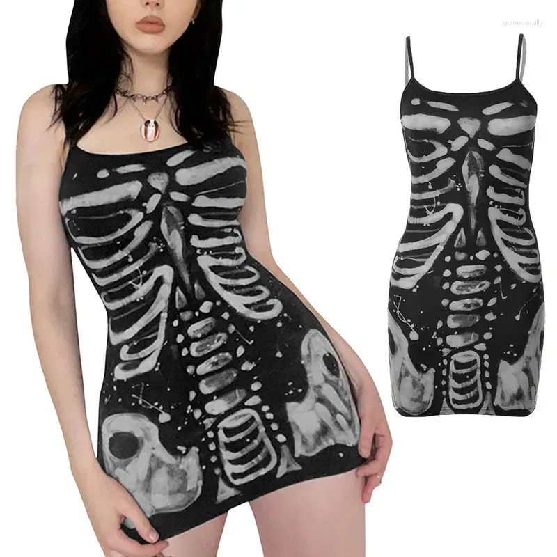 Casual jurken dames bodycon goth zomerkleding 2024 spaghetti riem mouwloze menselijk bot bedrukte jurk club streetwear