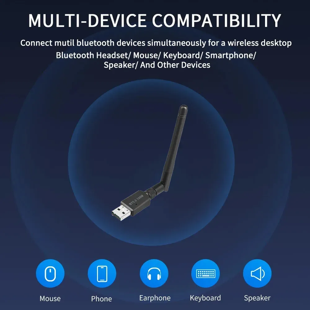 USB Bluetooth 5.3 Adapter 100M Range Wireless Receiver For PC Mouse ...