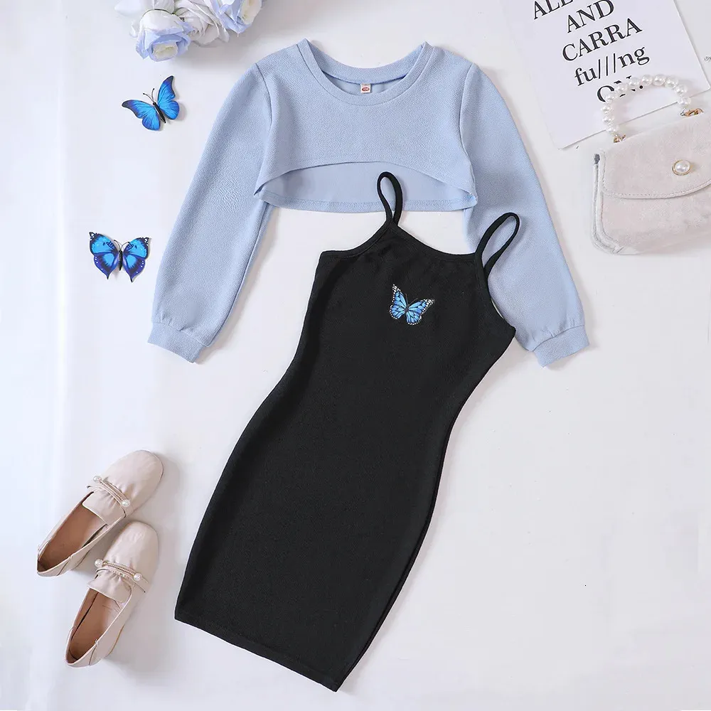 Kids Casual Clothing Sets Outfits for Girls Autumn Children Fashion Long Sleeve Short Tops Print Cami Bodycon Dress 5-14Y 240323