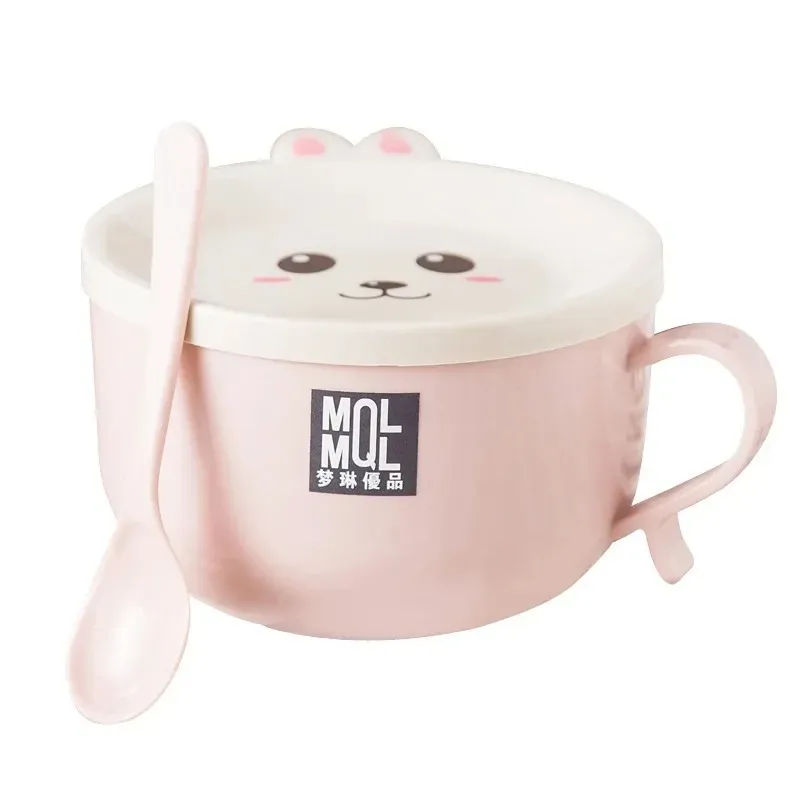 Bol nouilles à double couche en acier inoxydable Bowl anti-scalding nouilles instantanées Bol mignon lapin avec couvercle et cuillère de table aléatoire