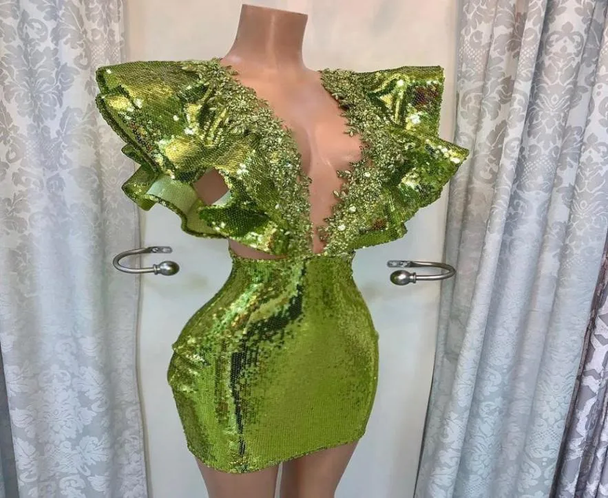 Grüne Pailletten Cocktail Dressses Kurzer Perlen Deep Vneck Dubai Party Nachtkleiderinnen Frauen maßgeschneiderte Robe de Soiree8852963