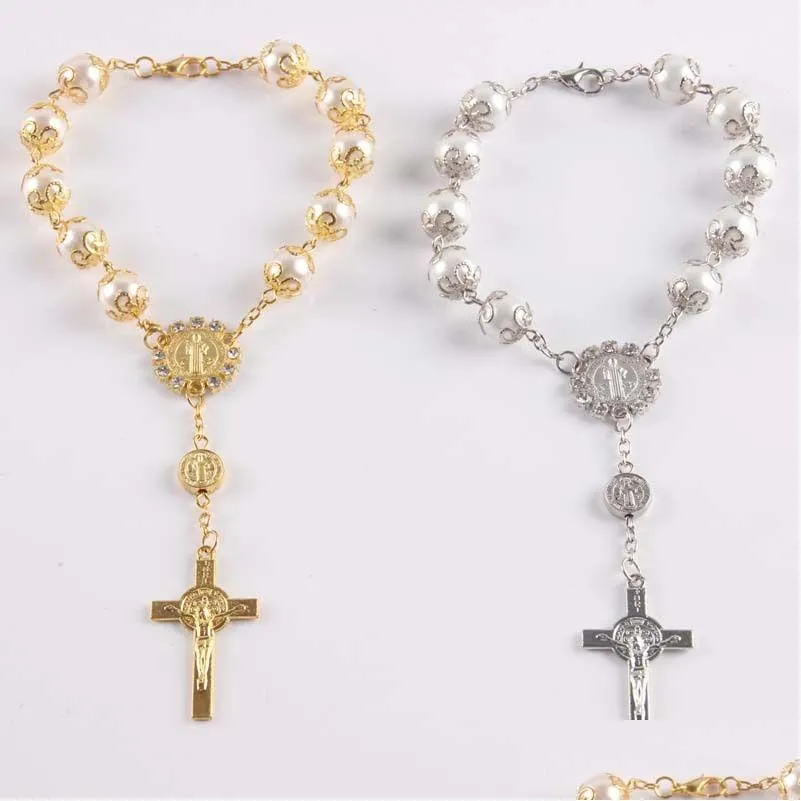 Bracelets de charme bracelet Rosaire Relius Jewelry Femmes hommes Fashion Sier Gold Beads Glass Pearl Jesus Christian avec homard Drop Dhlgr