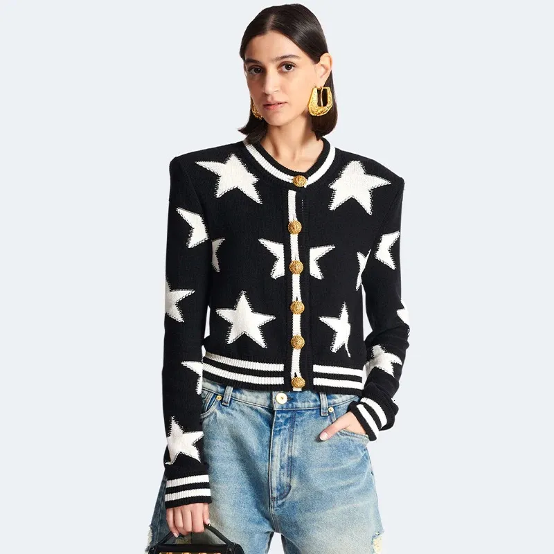 Star Jacquard Knit Cardigan Women Sweater Luxury Design Iconic Lion Gold Button Femme Clothing Buckle Tops Autumn Winter Coat 240323