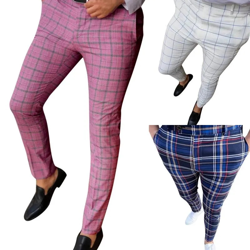 Pantalon pour hommes décontracté à carreaux crayon maigre fermeture éclair taille élastique vêtements de mode pantalon formel classique