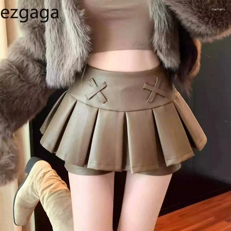 Saias Ezgaga Mulheres Sexy Mulheres Vintage High Coloque Pu Couro de Inverno Moda Slim Culottes Streetwear Elegante Mini -Salia Pleated