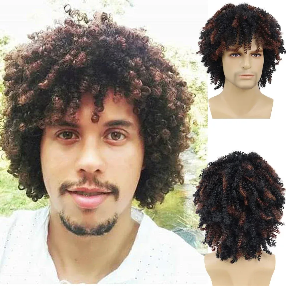 Perücken gnimegil synthetische Perücken für Männer kurzes Haar lockiges Perücken mit Pony Natürliche Perücke Afro Frisur Männliche braune Perücke Halloween Kostüm Perücken